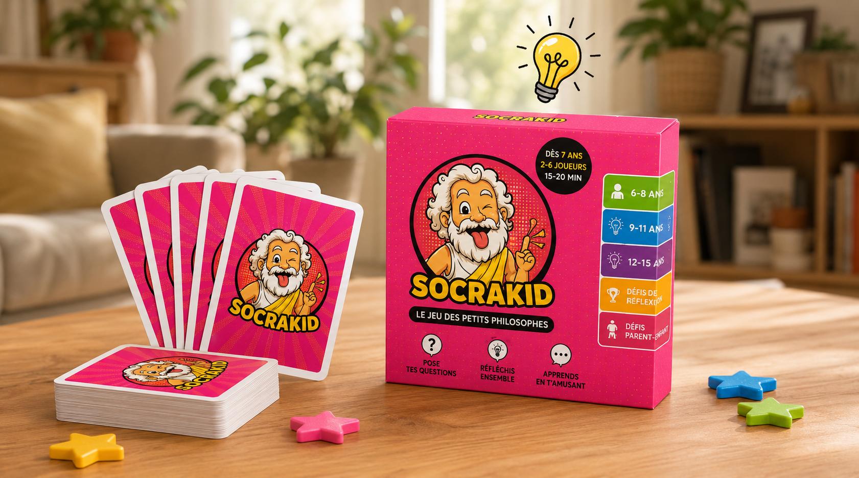 La boîte SocraKid avec les cartes de conversation étalées sur une table