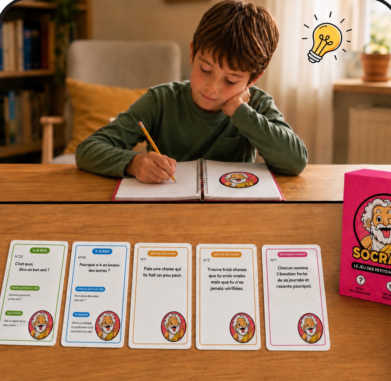 Un garçon écrit dans son carnet à côté de cinq cartes SocraKid étalées et de la boîte du jeu