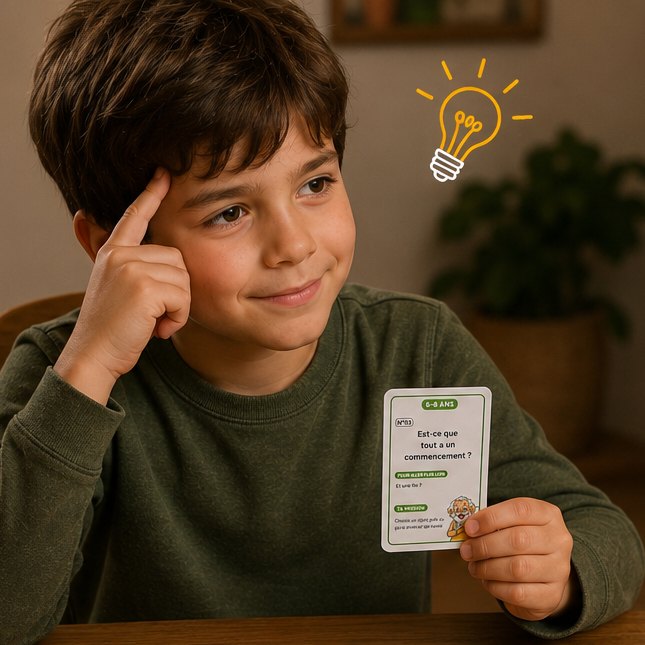 Enfant souriant en pleine réflexion, doigt sur la tempe, tenant une carte SocraKid