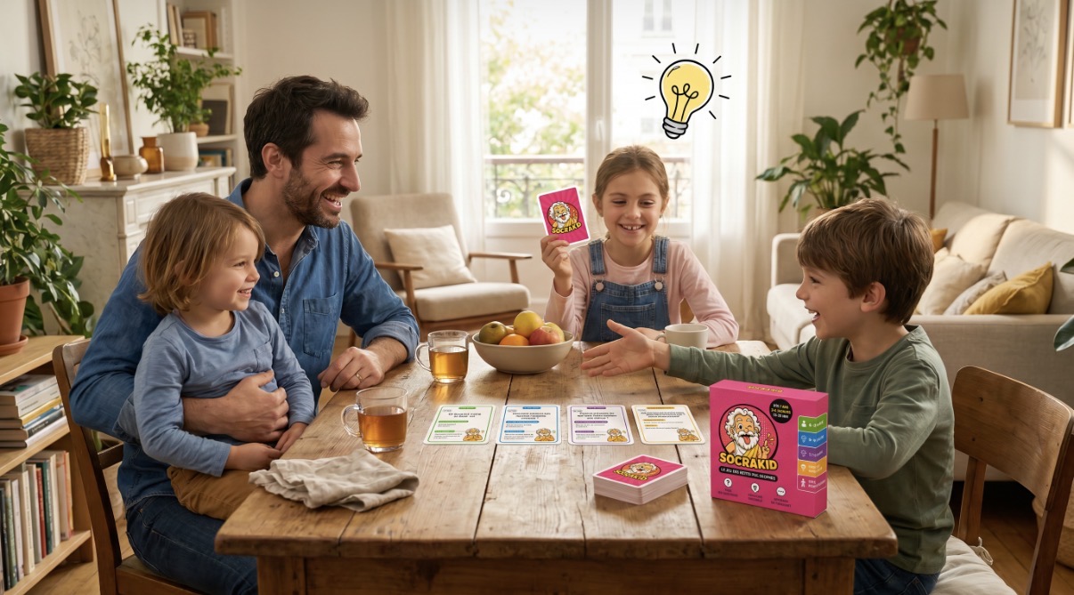 Une famille joue ensemble aux cartes SocraKid autour de la table du salon