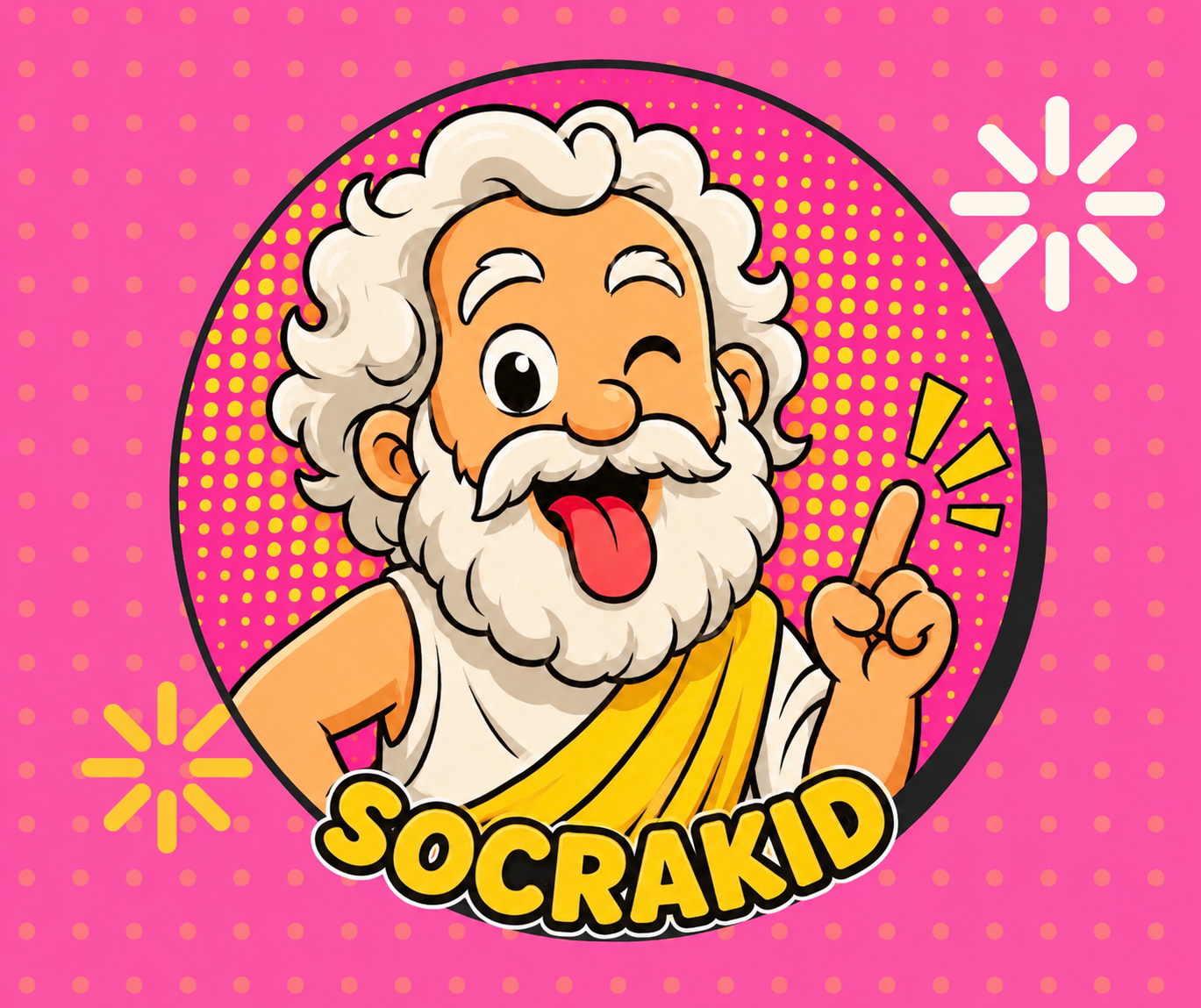Socrate, le guide malicieux de SocraKid, fait un clin d’œil et tire la langue, avec le logo SOCRAKID
